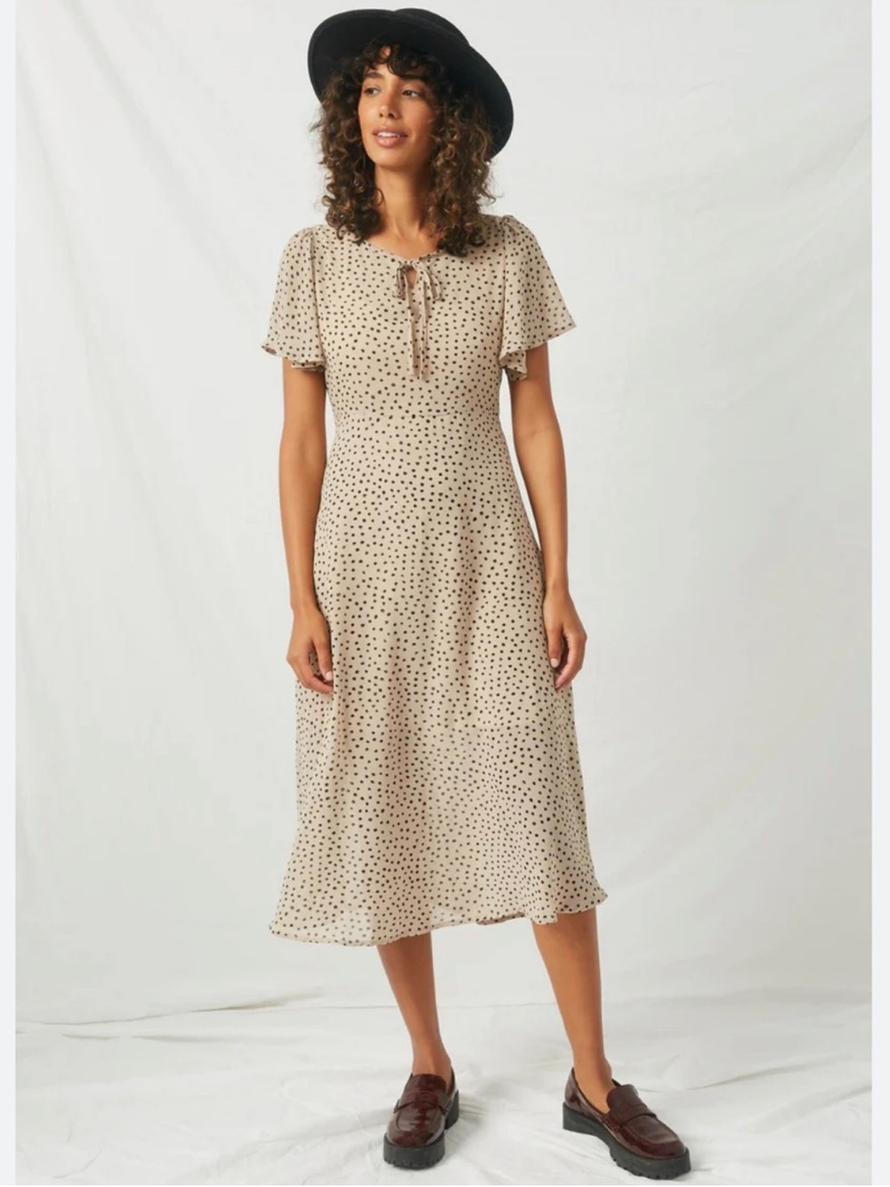 Hayden Neutral Polka Dot Midi Dress with Flutter Sleeves
